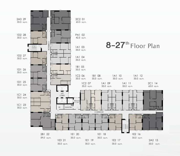 Building Floor Plan of Supalai Premier Taksin - Wongwianyai - 8th - 27th Floor