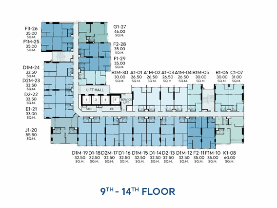 Building Floor Plan of แอสไพร์ วิภา วิคตอรี่ - ชั้น 9 - 14