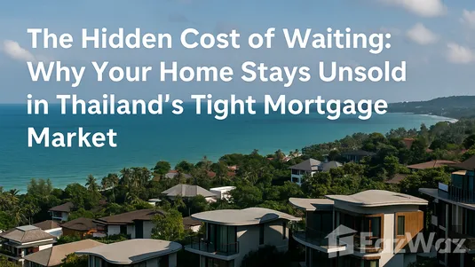 Thai homes and title text: The Hidden Cost of Waiting in Thailand’s Tight Mortgage Market.