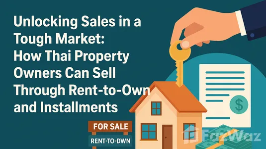 Title banner for a real estate article showing a house, a hand holding a key, stacks of money, and a contract, with the text: Unlocking Sales in a Tough Market: How Thai Property Owners Can Sell Through Rent-to-Own and Installments.
