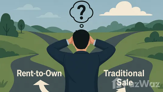 Illustration of a man in a suit standing at a crossroads with two paths, one labeled ‘Rent-to-Own’ and the other labeled ‘Traditional Sale,’ holding his head with a question mark above him to symbolize decision-making.