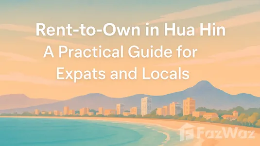 Rent-to-Own in Hua Hin: A Practical Guide for Expats and Locals – pastel beach and city horizon background with gentle waves and text overlay