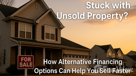 Landscape banner showing Thai property with a for-sale sign and overlay text: Stuck with Unsold Property? How Alternative Financing Options Can Help You Sell Faster.
