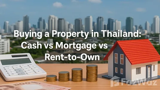 Comparison of cash, mortgage, and rent-to-own options for buying property in Thailand, showing house model, Thai currency, coins, and calculator with Bangkok skyline in background.